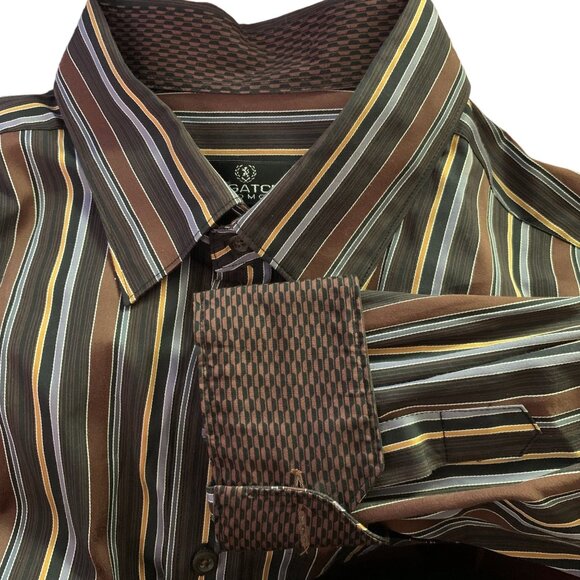 Bugatchi Uomo Button Up Long Sleeve Shirt XXL Brown Striped Flip Cuff Pocket - Picture 6 of 7